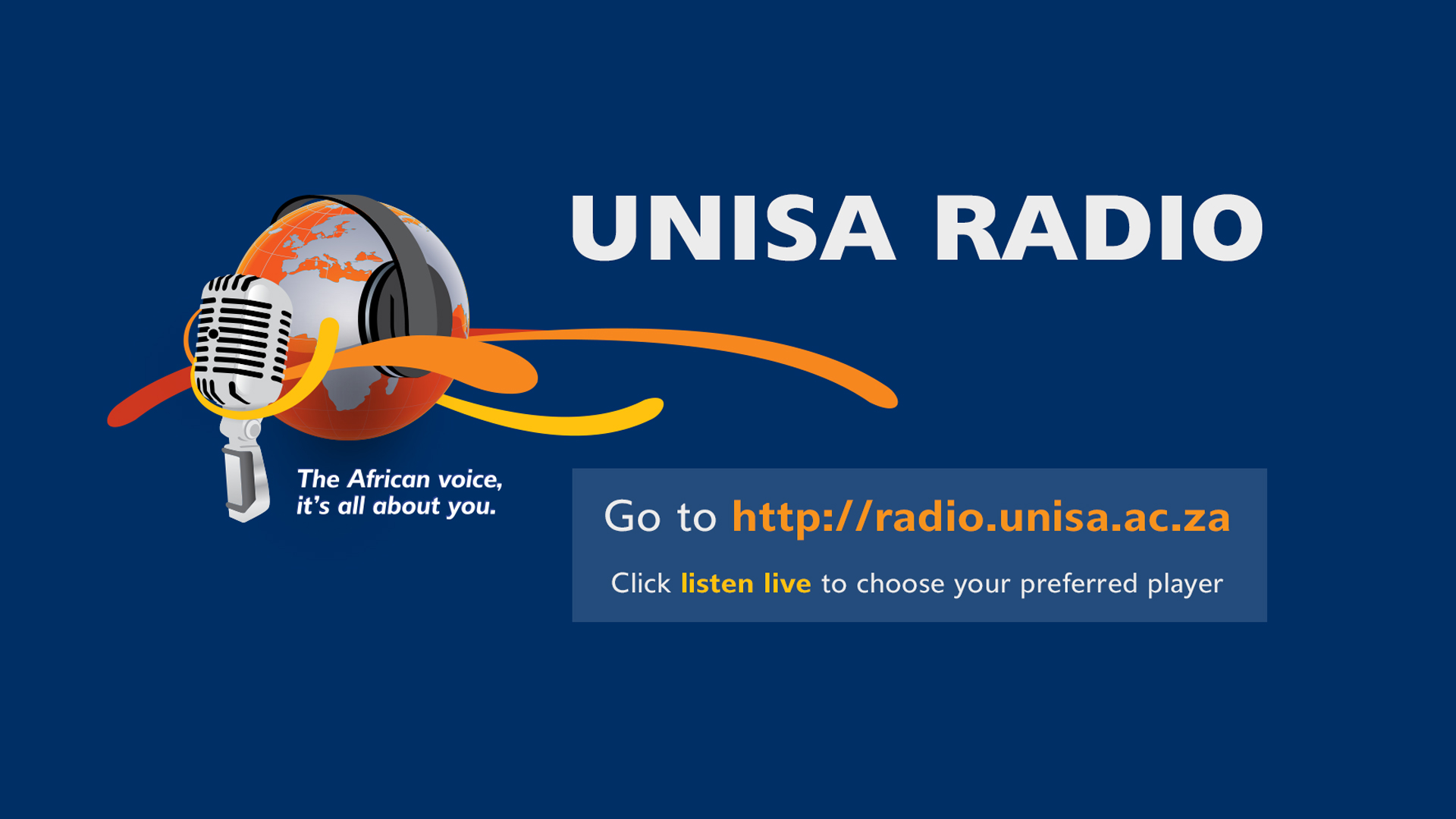<p>Unisa FM 98.9, started in 2008, is rebranded as ‘Unisa Radio’. Internet radio-streaming technology enables the station to reach Unisa students around the world.</p>